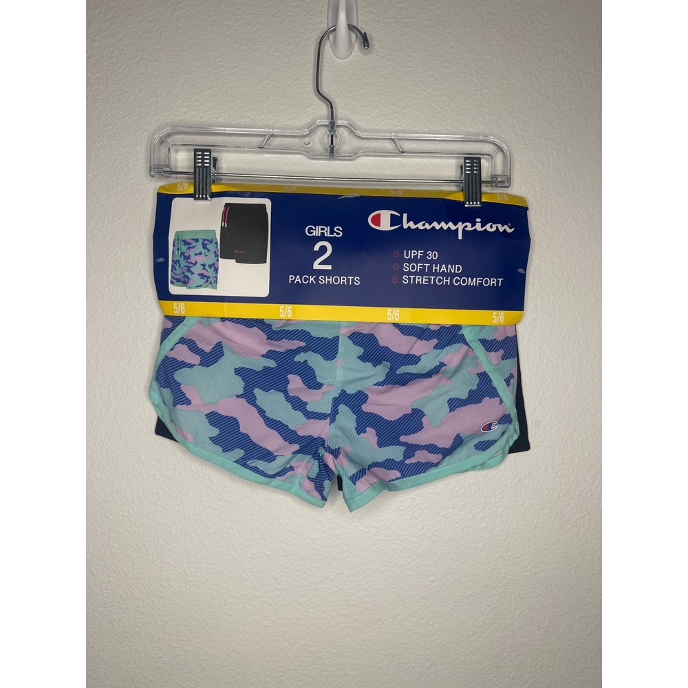 Champion Girls 2 Pack Shorts Size 5/6‎ Camo Black UPF 30 Stretch Comfort